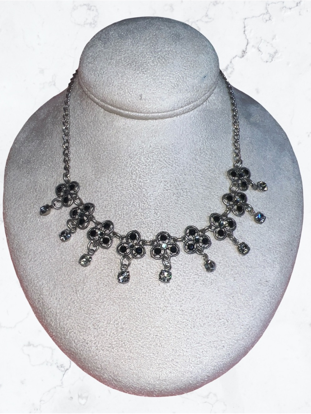Vtg Anne Koplik Designs Silver Tone Necklace Crystal Black Floral Stations 18”
